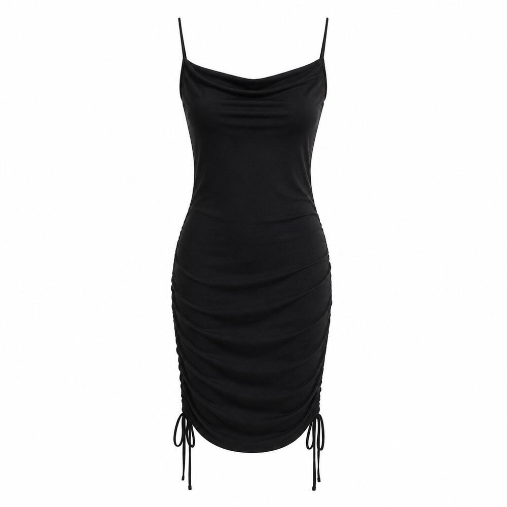 NWT 7 Good American Black Ruched Square Neck Slinky Bodycon Mini Dress